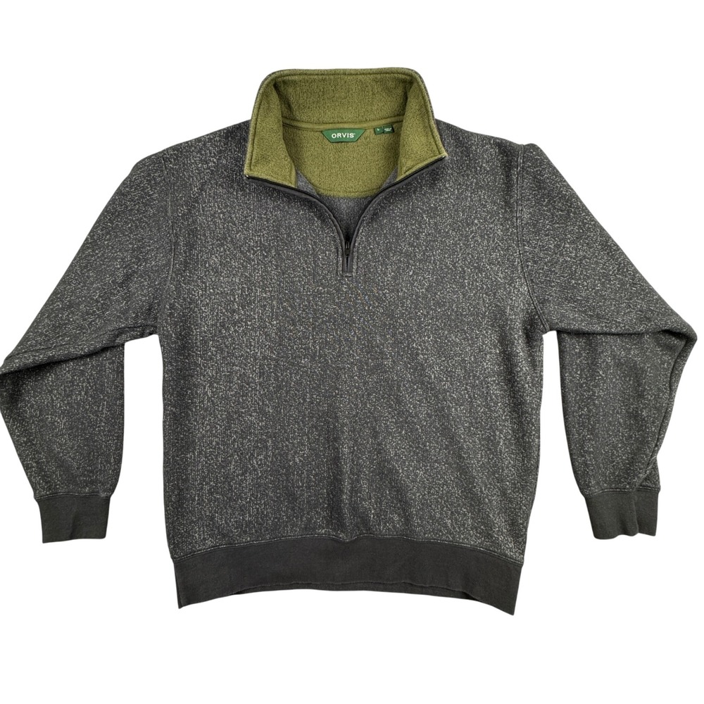 Orvis Mens‎ Quarter Zip Pullover Sweater Gray Olive Green Mock Neck Size L
